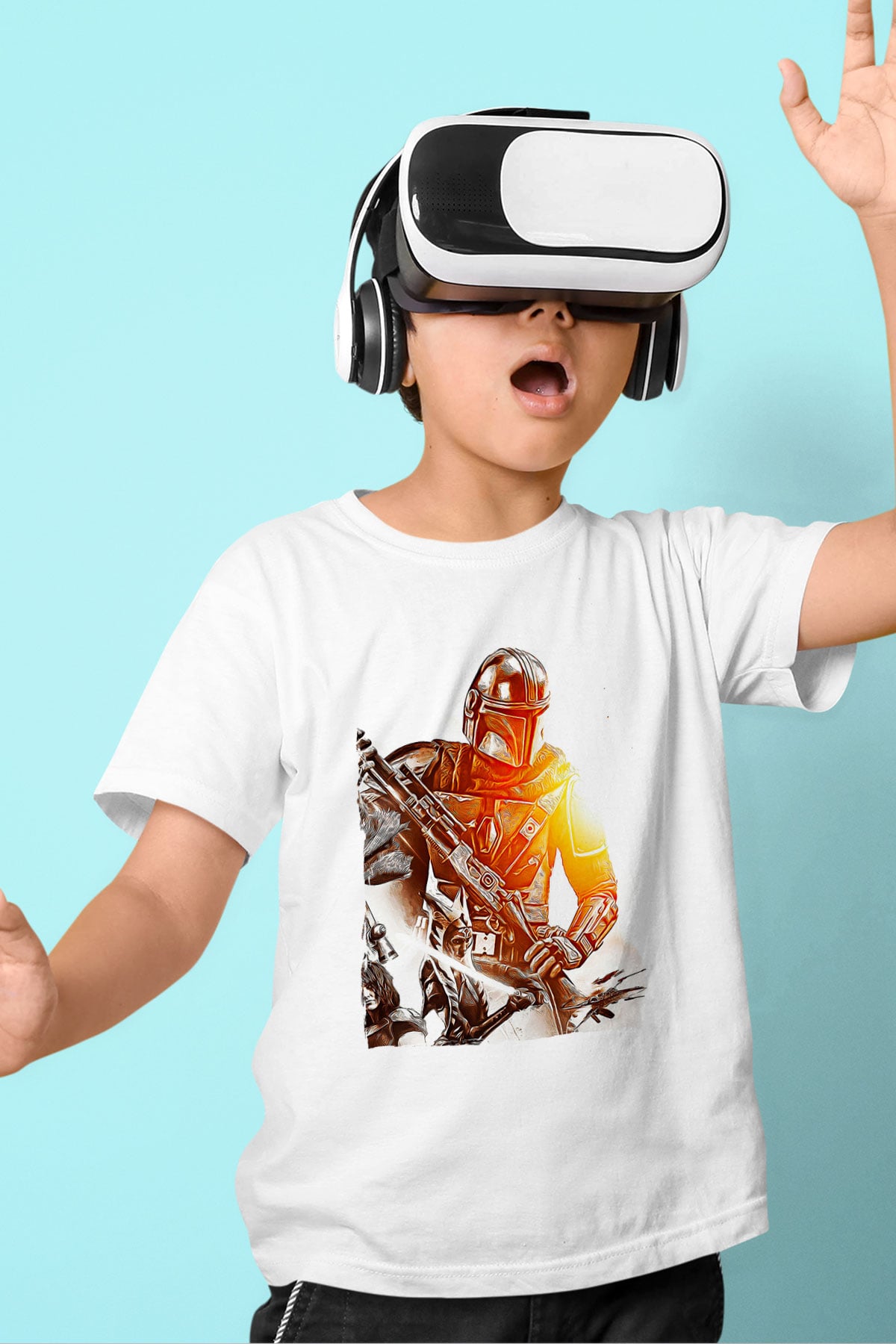 Mandolarian Baskılı Beyaz Unisex Beyaz Çocuk Tişört - Tshirt