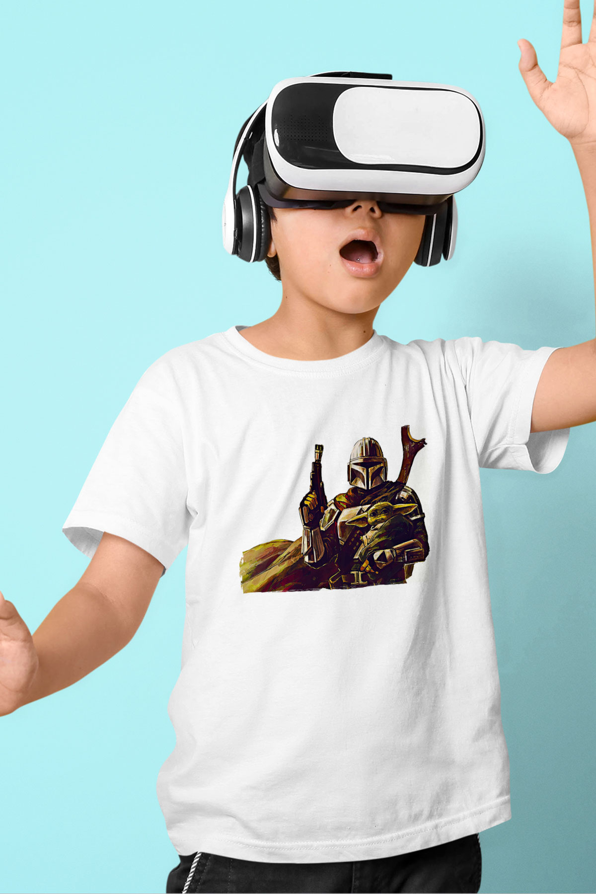 Mandolarian Baskılı Beyaz Unisex Beyaz Çocuk Tişört - Tshirt