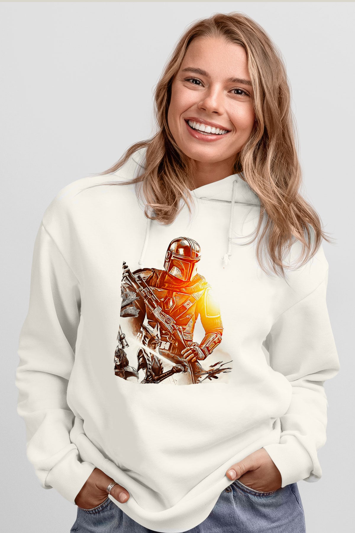 Mandolarian Baskılı Beyaz Unisex Hoodie