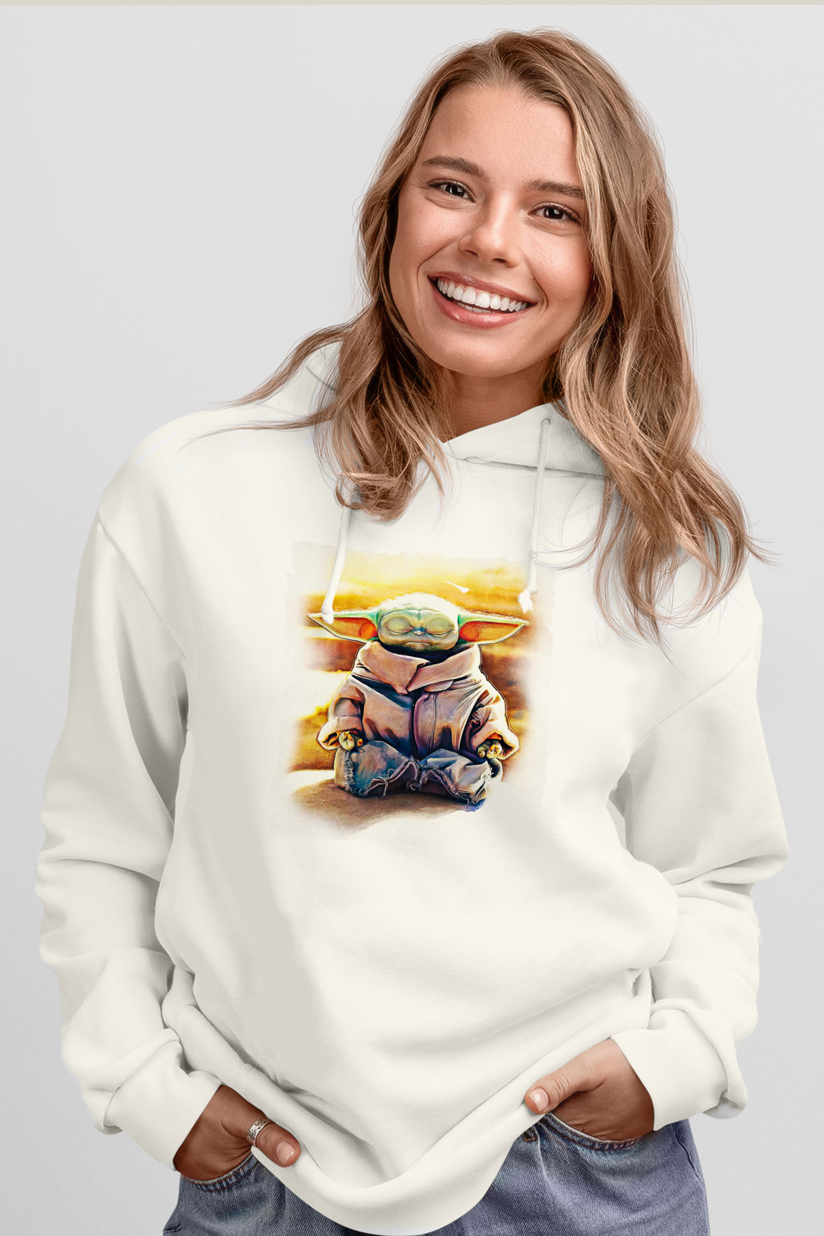 Mandolarian Baskılı Beyaz Unisex Hoodie