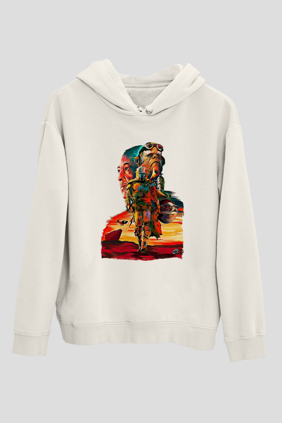 Mandolarian Baskılı Beyaz Unisex Hoodie