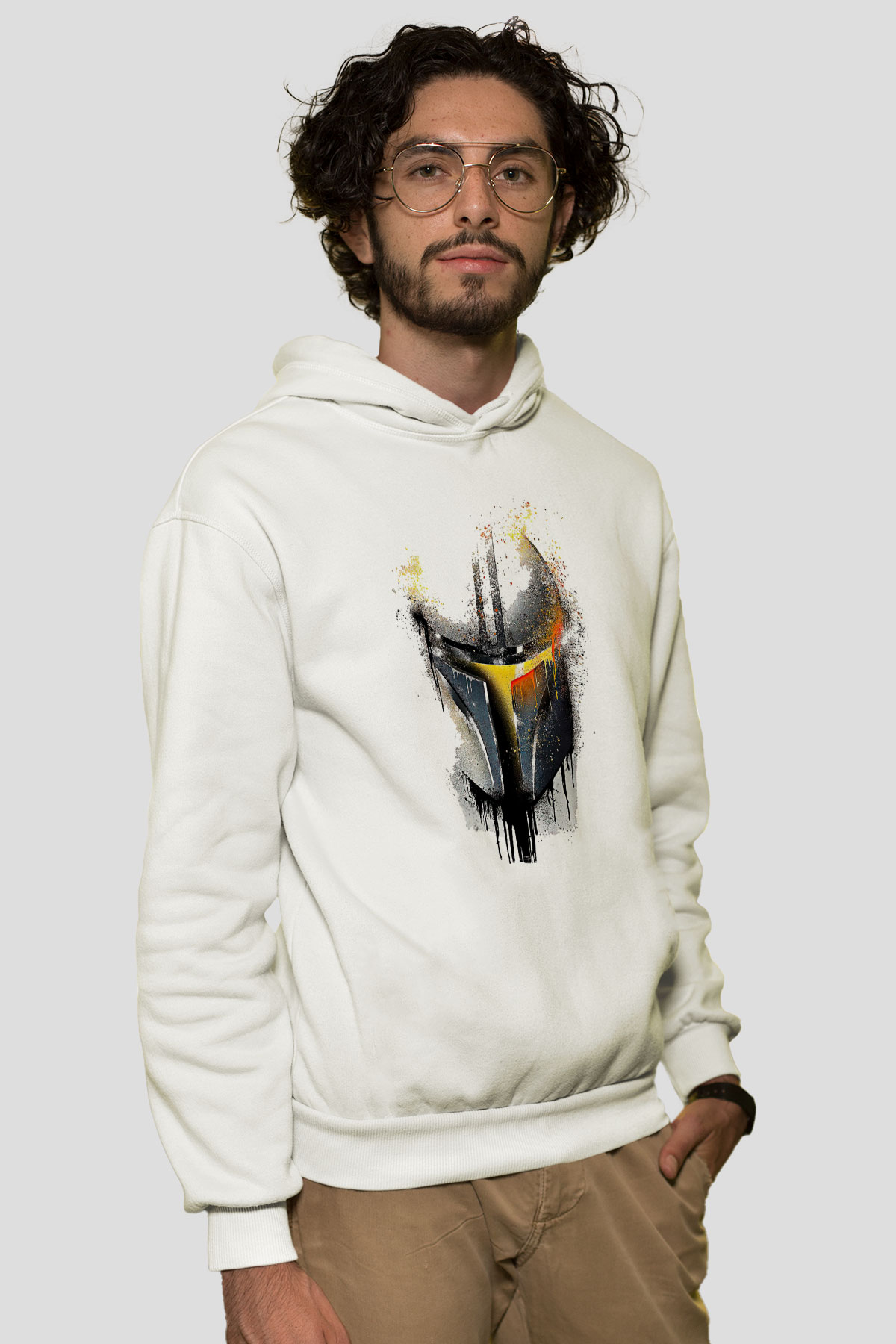 Mandolarian Baskılı Beyaz Unisex Hoodie
