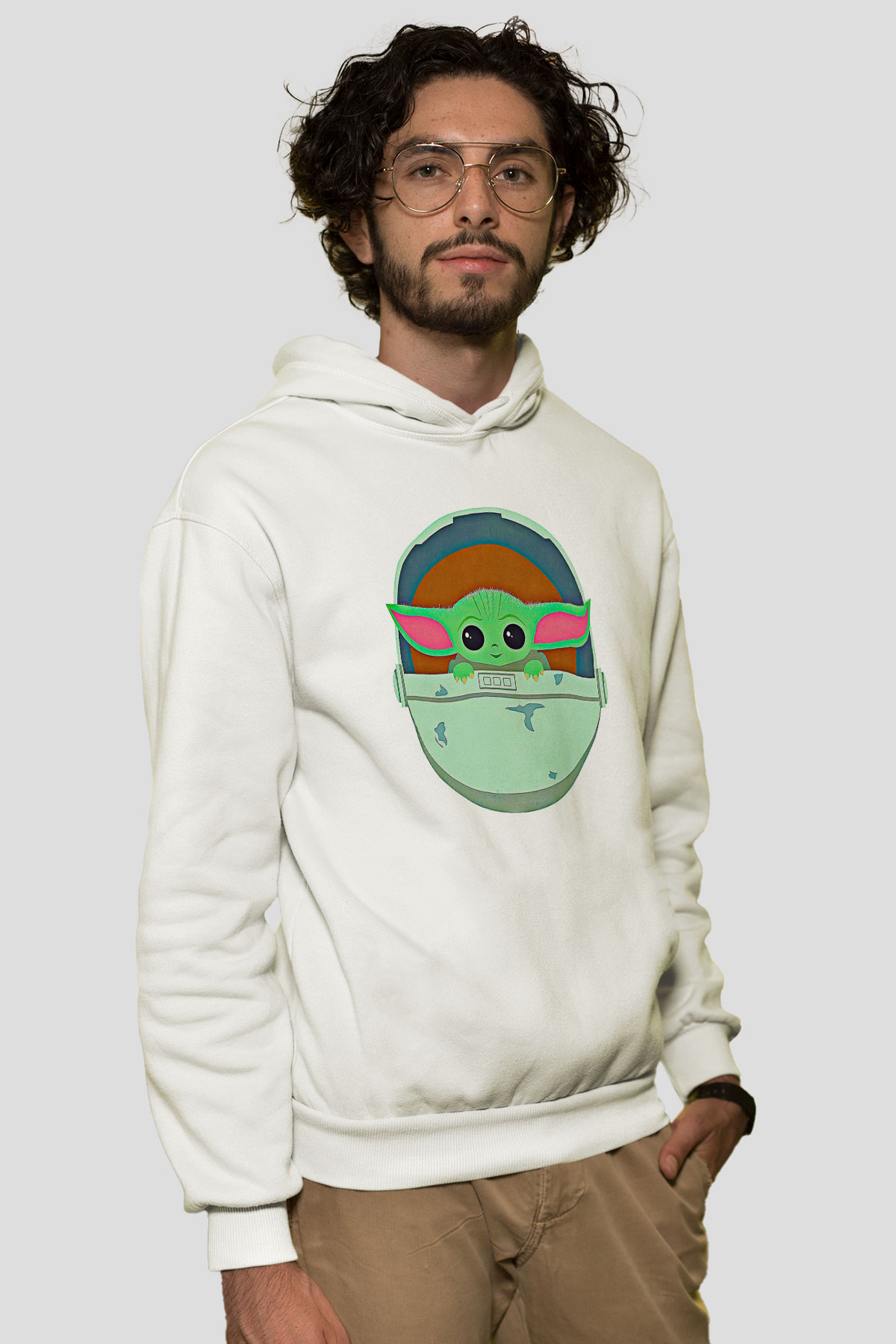 Mandolarian Baskılı Beyaz Unisex Hoodie
