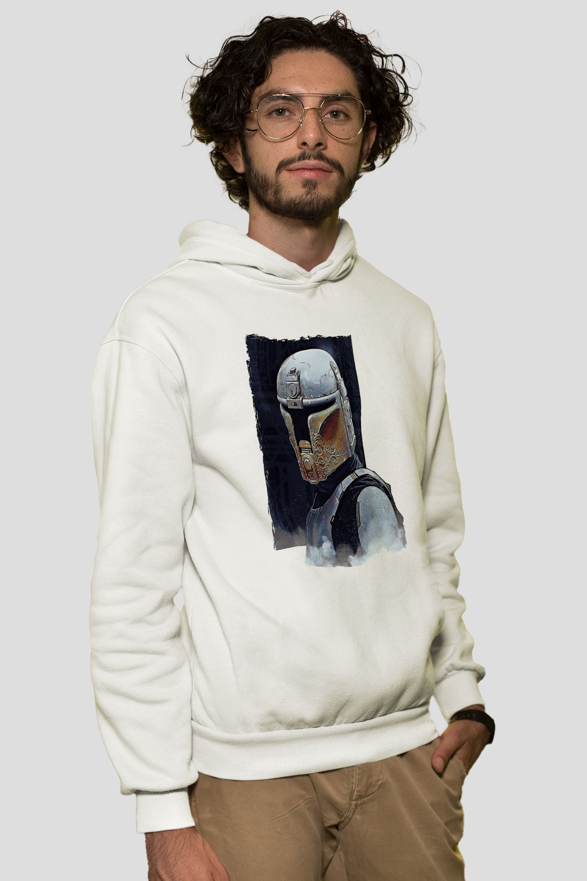 Mandolarian Baskılı Beyaz Unisex Hoodie