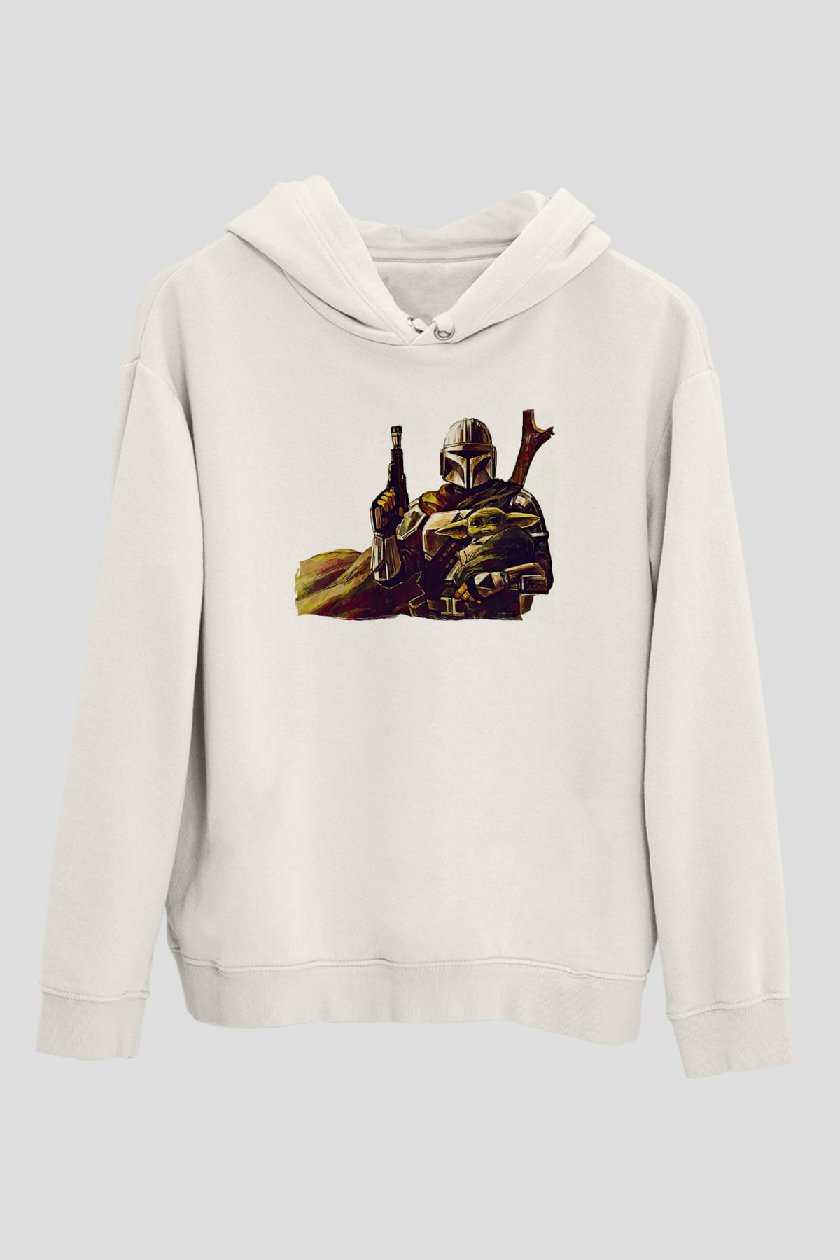 Mandolarian Baskılı Beyaz Unisex Hoodie