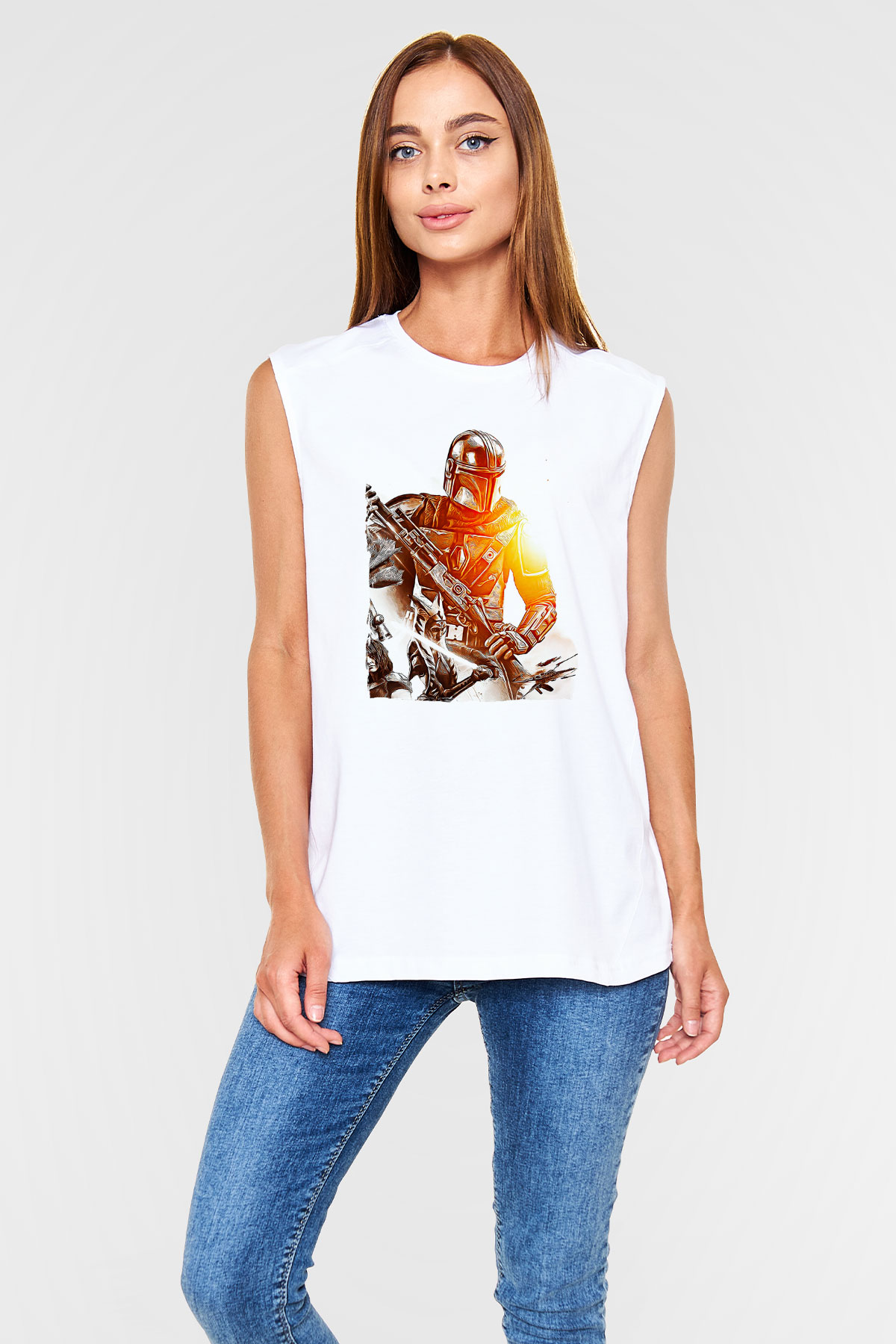 Mandolarian Baskılı Beyaz Unisex Kolsuz Tişört - Tshirt