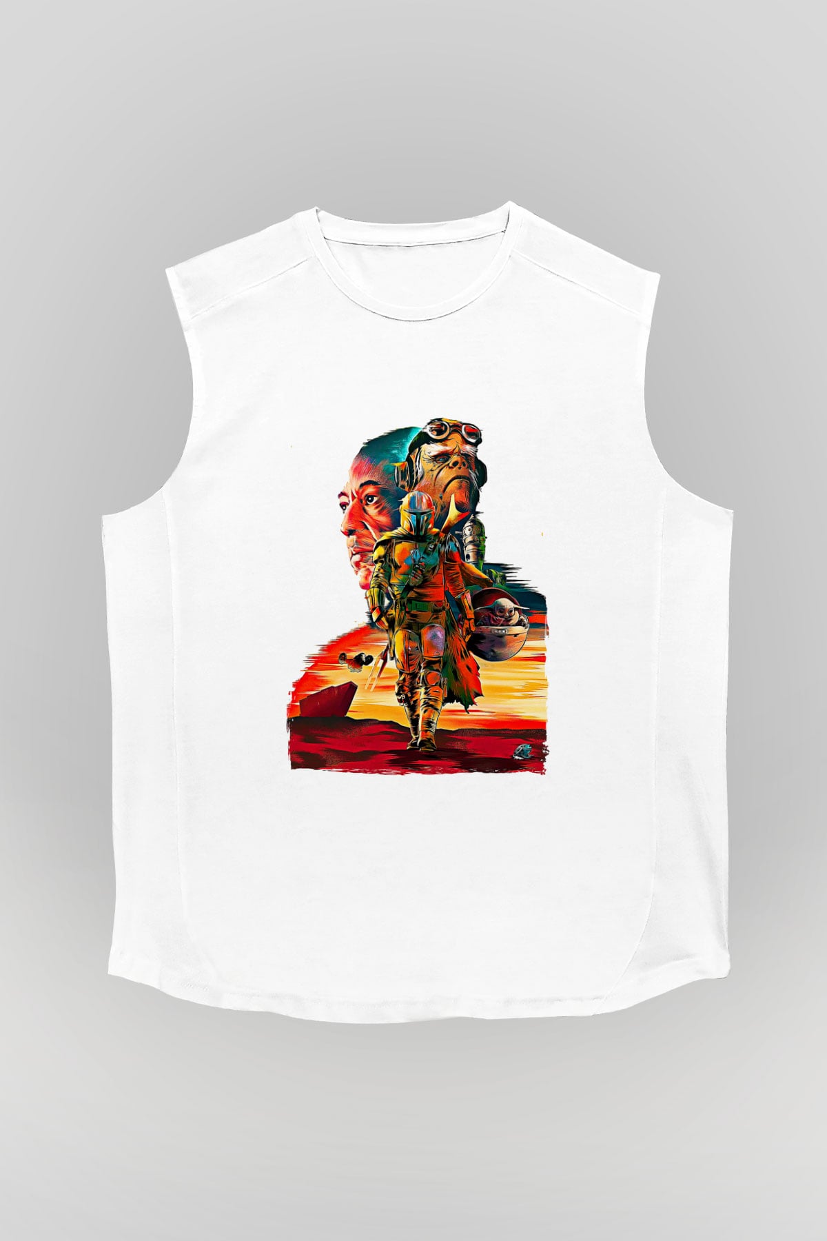 Mandolarian Baskılı Beyaz Unisex Kolsuz Tişört - Tshirt