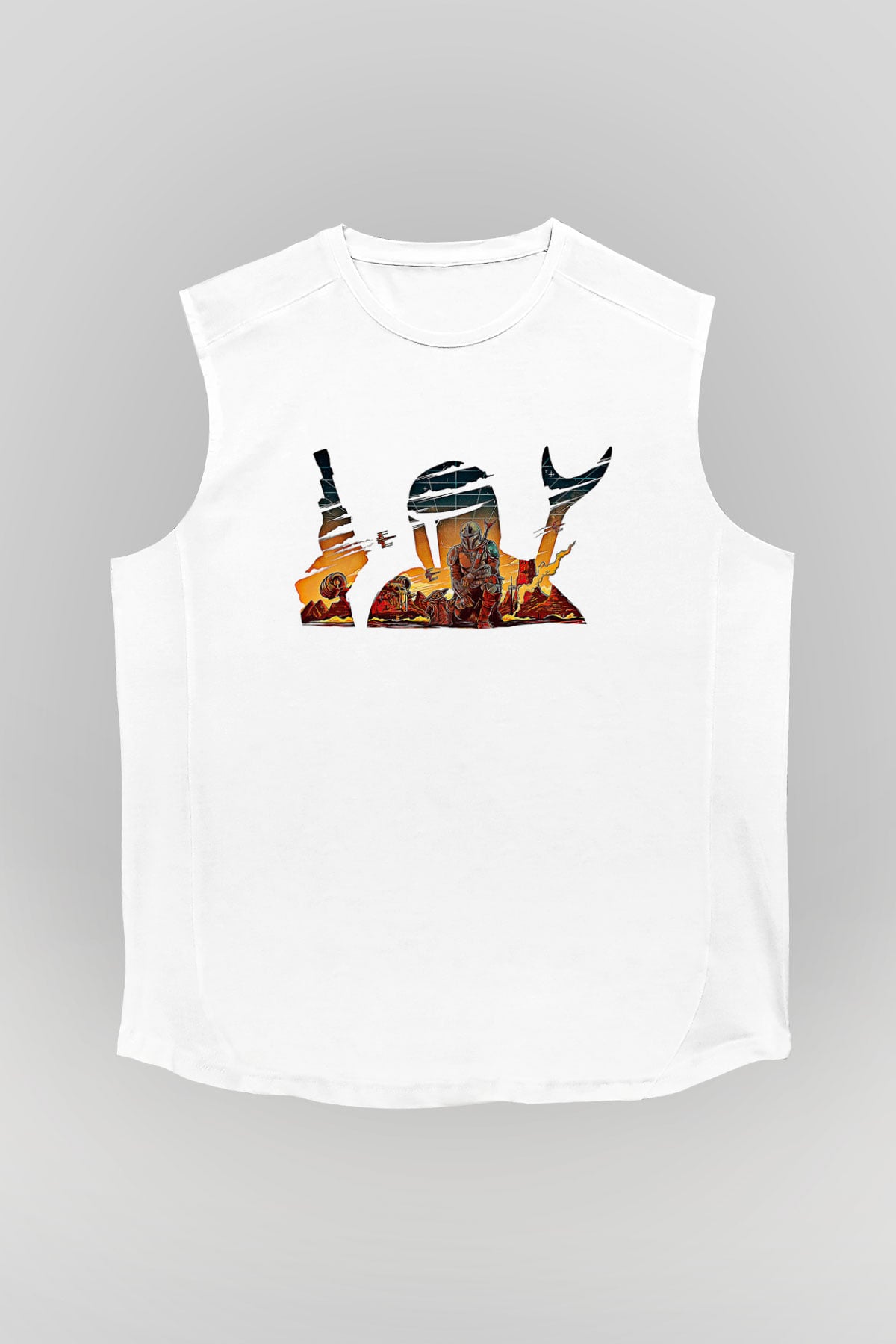 Mandolarian Baskılı Beyaz Unisex Kolsuz Tişört - Tshirt