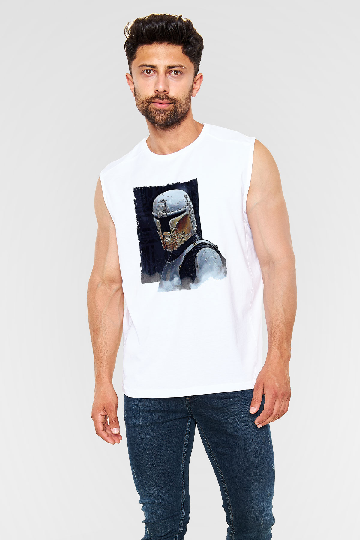 Mandolarian Baskılı Beyaz Unisex Kolsuz Tişört - Tshirt