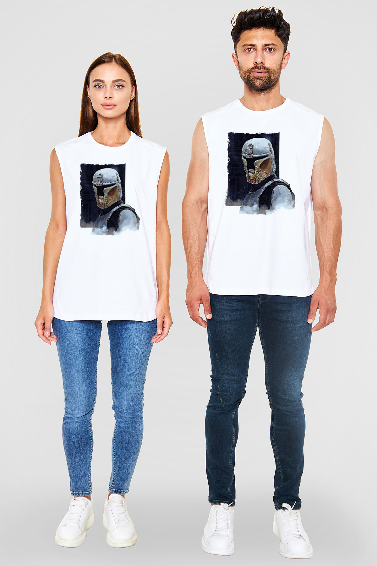 Mandolarian Baskılı Beyaz Unisex Kolsuz Tişört - Tshirt