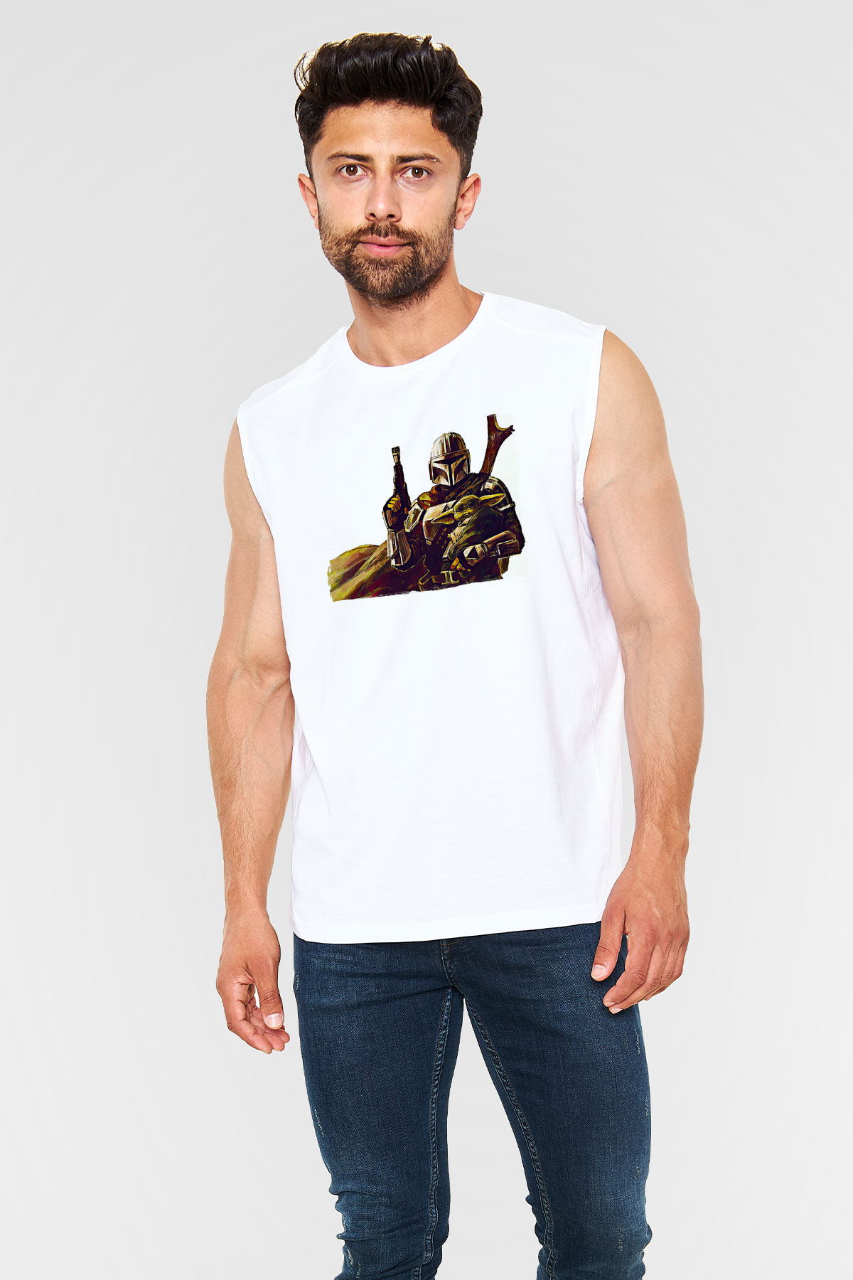 Mandolarian Baskılı Beyaz Unisex Kolsuz Tişört - Tshirt