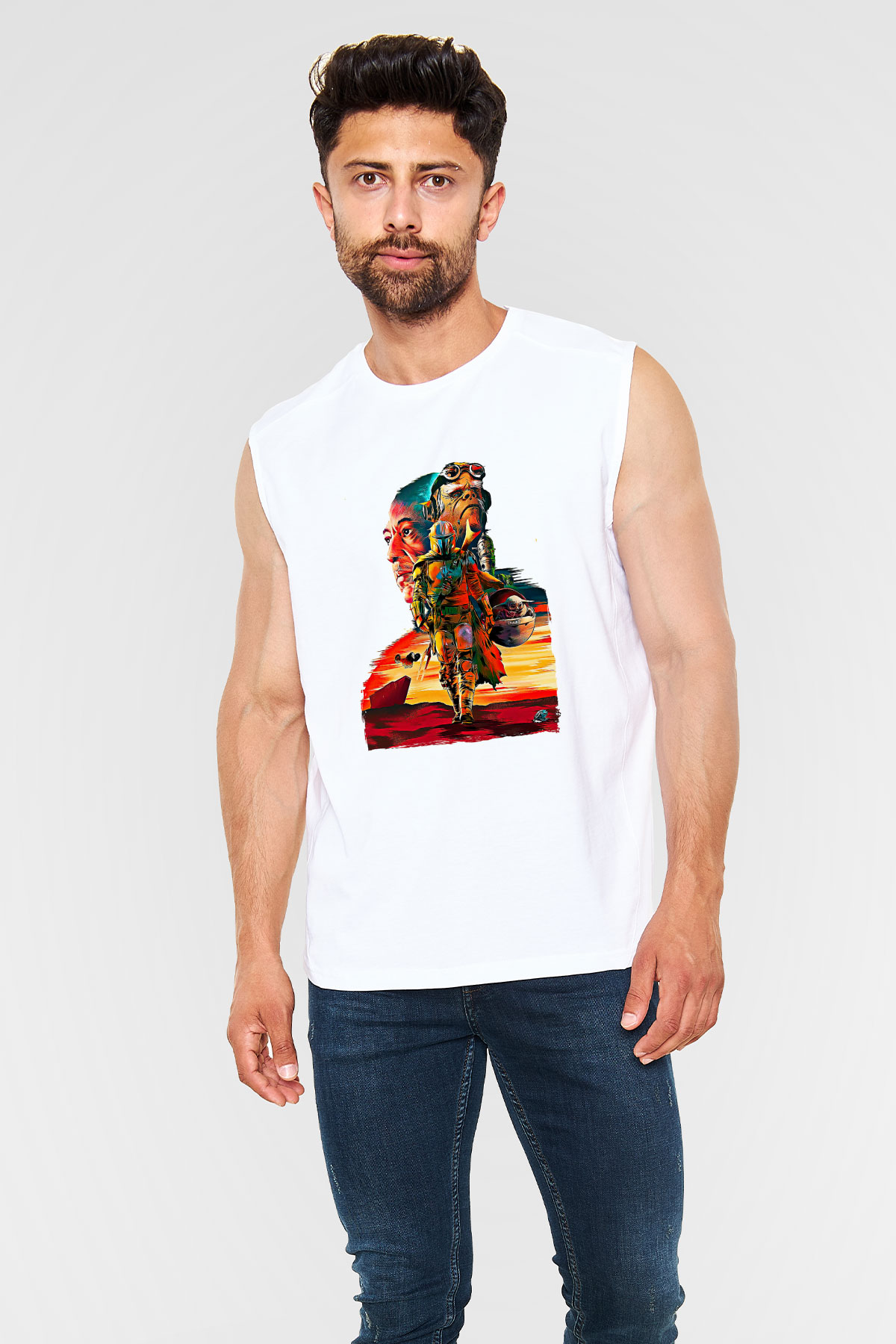 Mandolarian Baskılı Beyaz Unisex Kolsuz Tişört - Tshirt