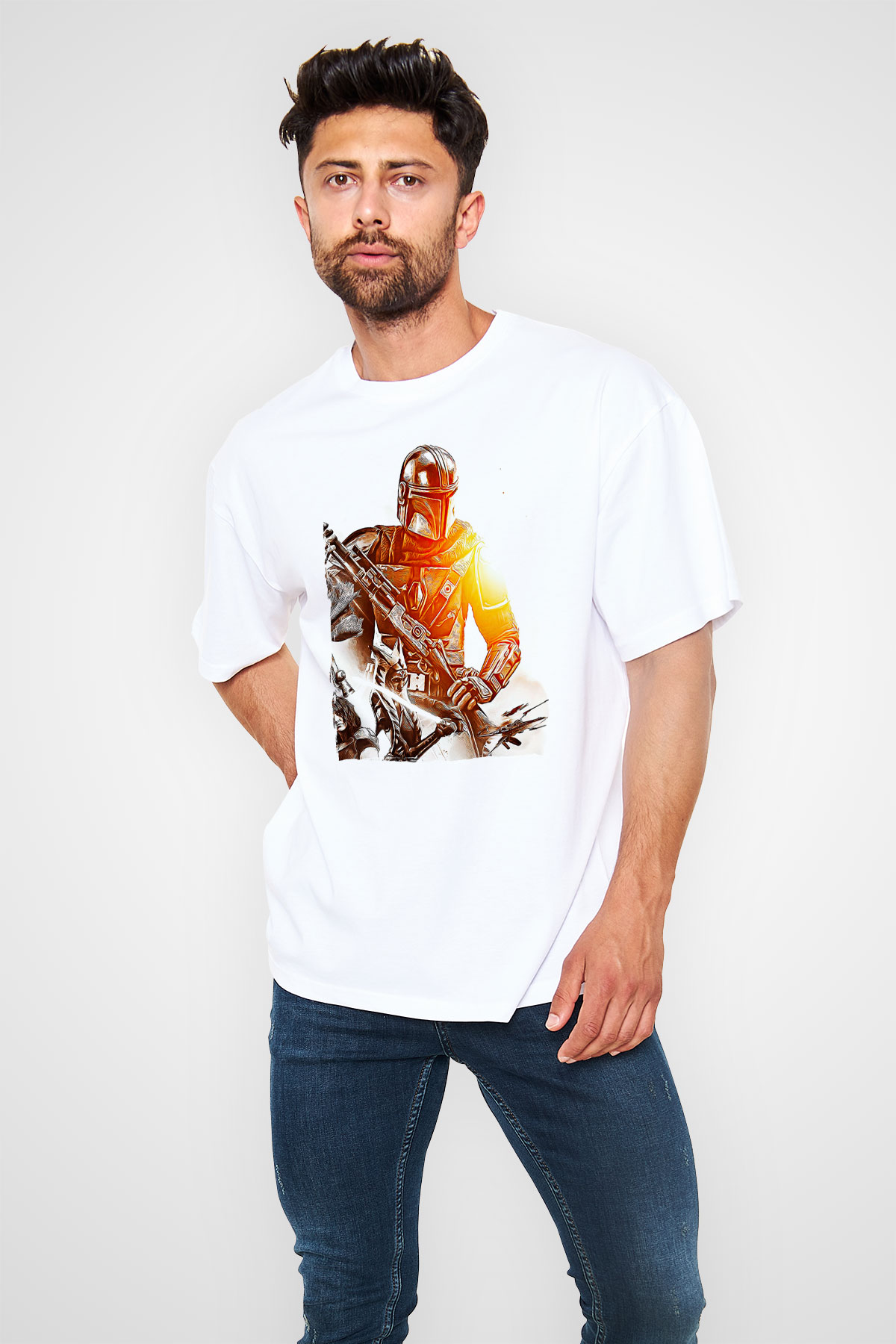 Mandolarian Baskılı Beyaz Unisex Oversize Tişört - Tshirt