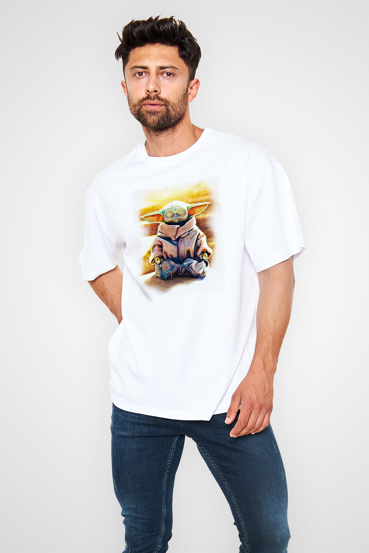 Mandolarian Baskılı Beyaz Unisex Oversize Tişört - Tshirt