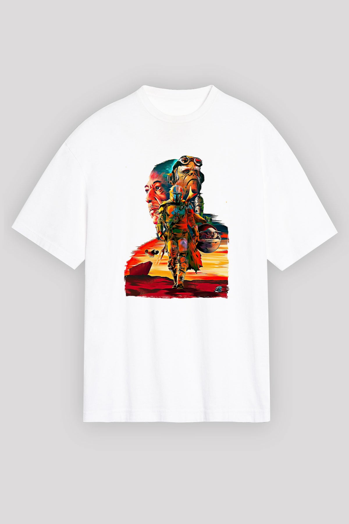 Mandolarian Baskılı Beyaz Unisex Oversize Tişört - Tshirt