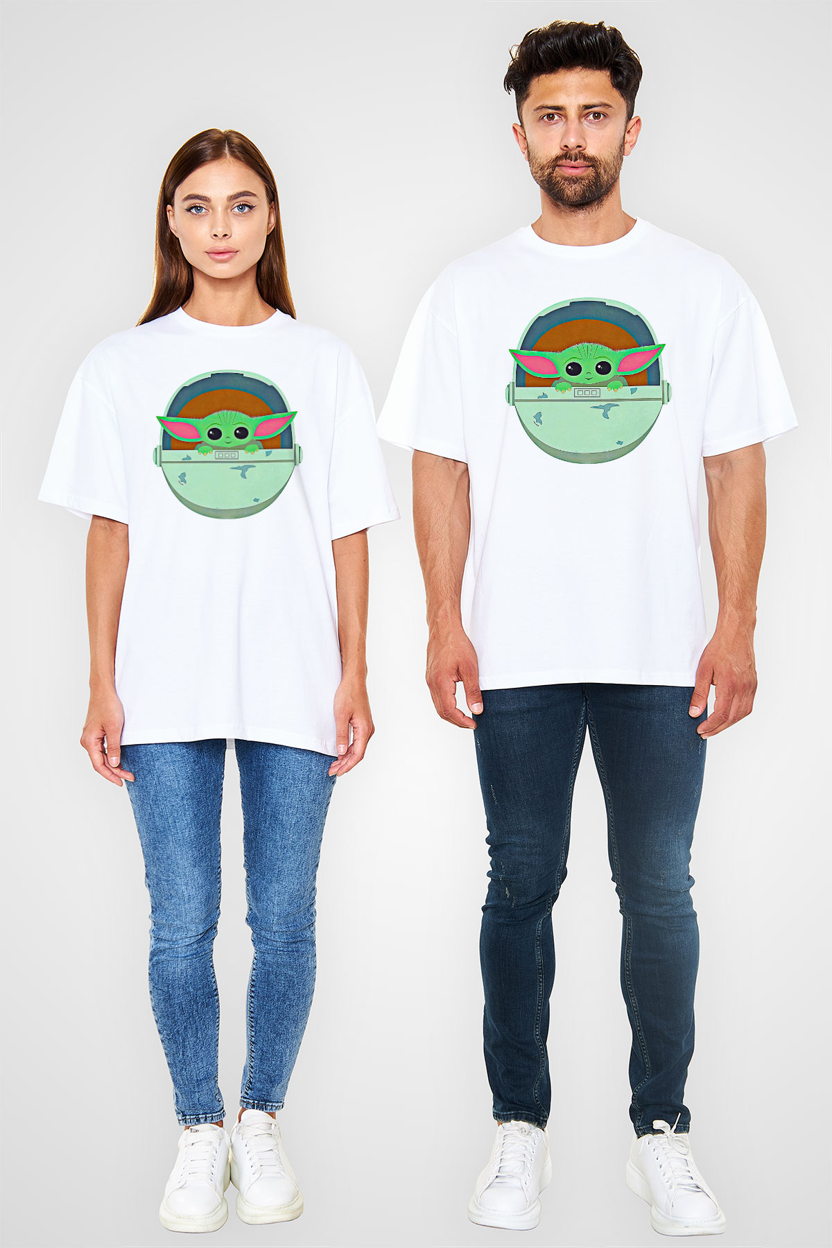 Mandolarian Baskılı Beyaz Unisex Oversize Tişört - Tshirt