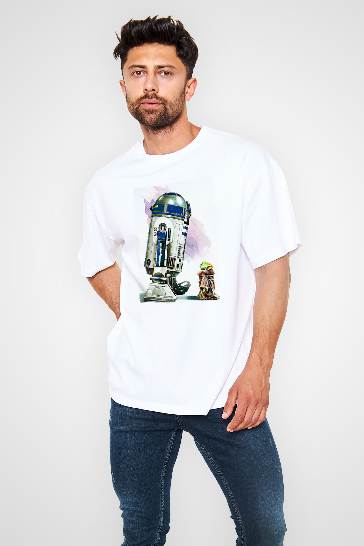 Mandolarian Baskılı Beyaz Unisex Oversize Tişört - Tshirt