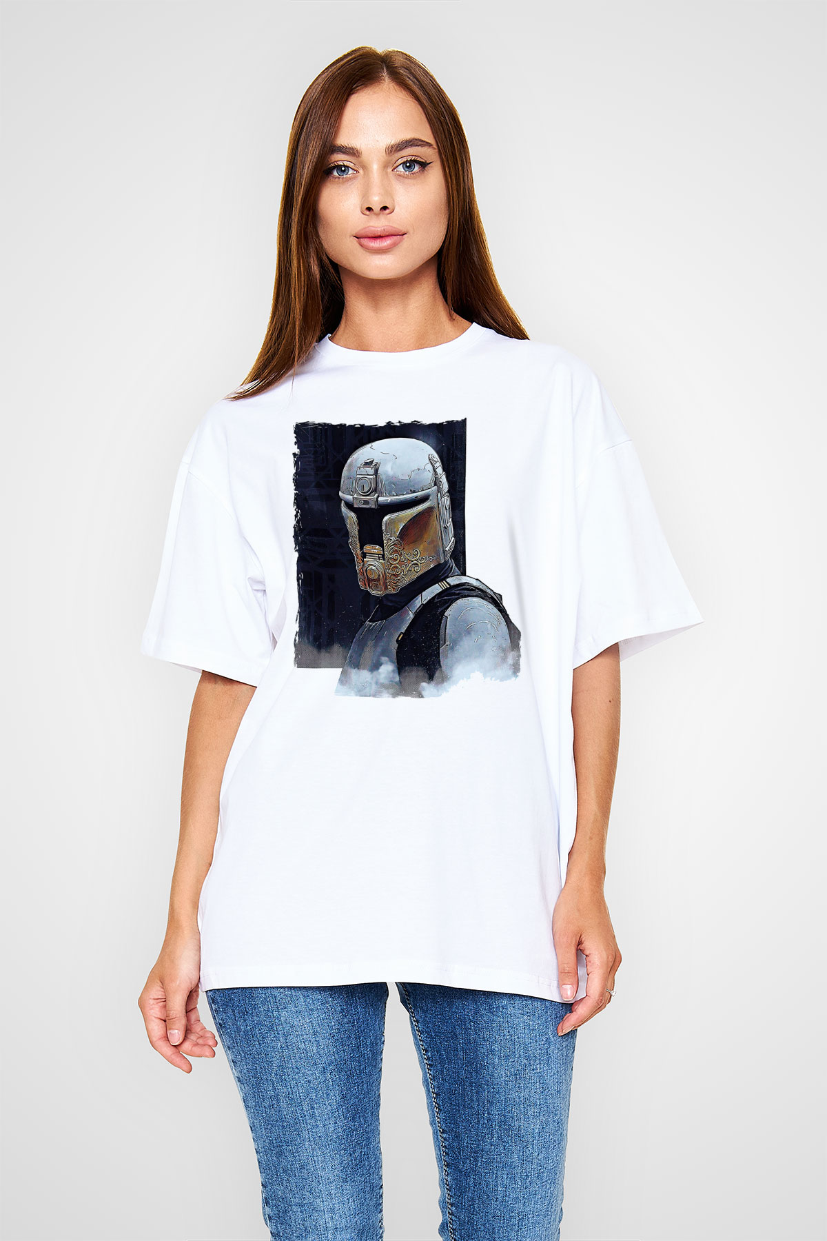 Mandolarian Baskılı Beyaz Unisex Oversize Tişört - Tshirt