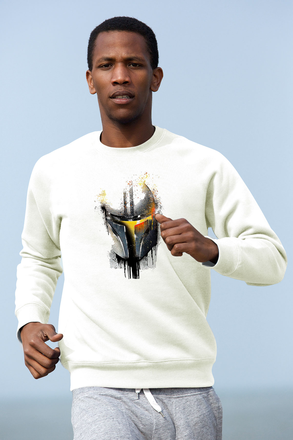 Mandolarian Baskılı Beyaz Unisex Sweatshirt