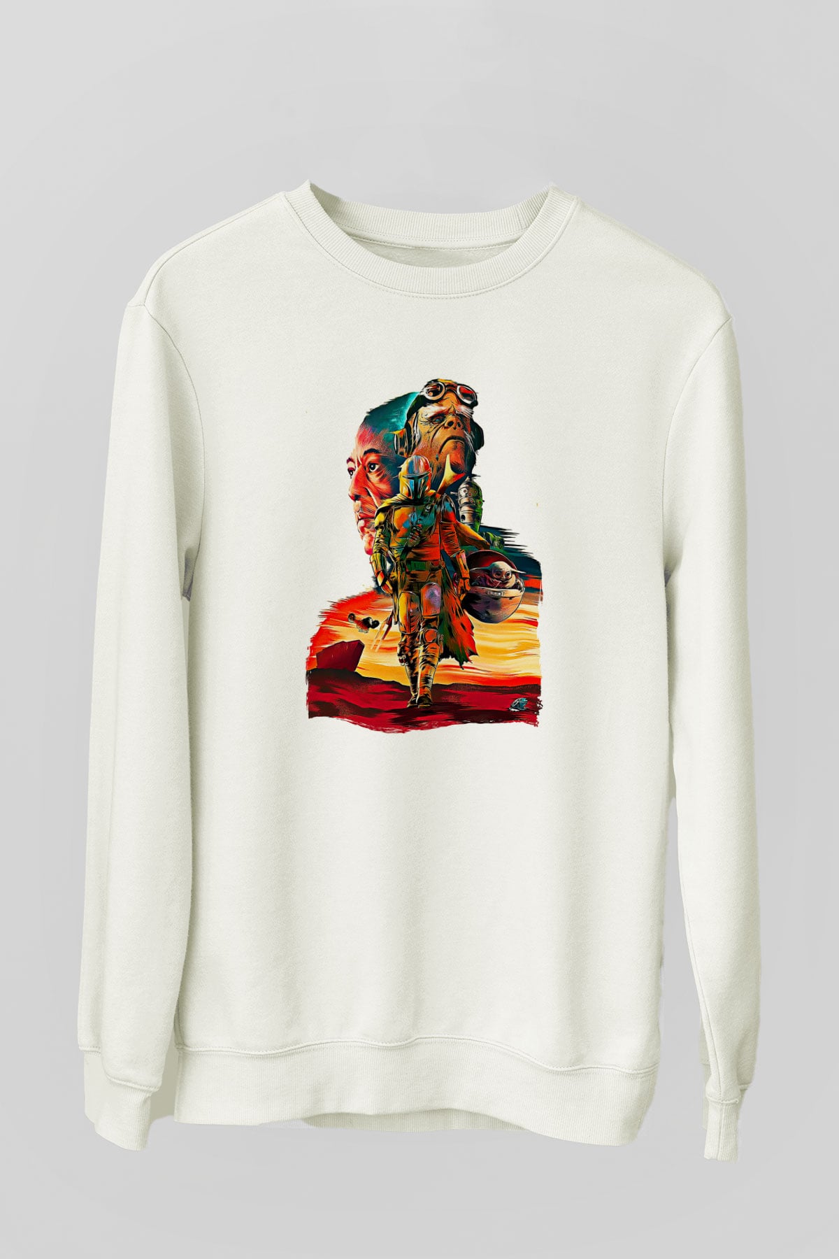 Mandolarian Baskılı Beyaz Unisex Sweatshirt