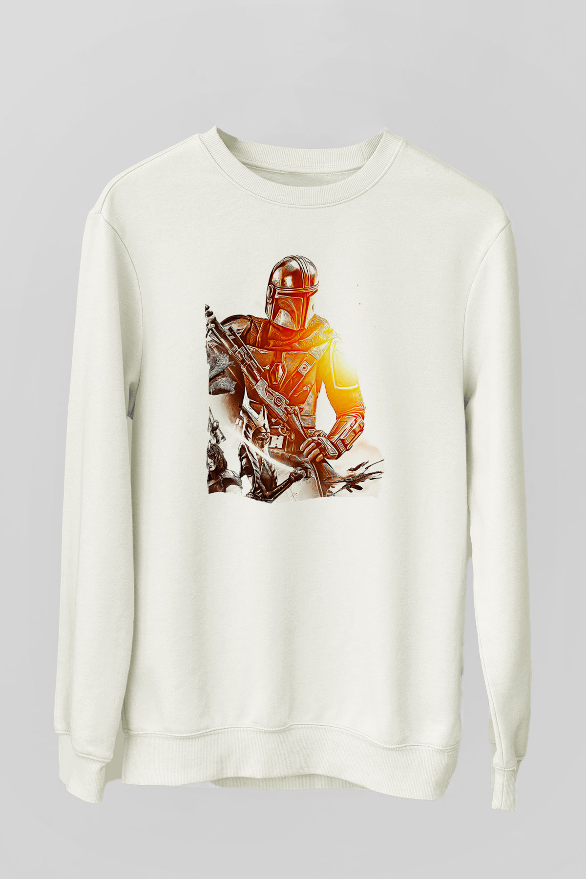 Mandolarian Baskılı Beyaz Unisex Sweatshirt