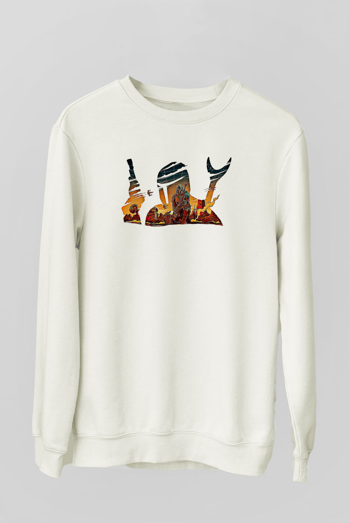 Mandolarian Baskılı Beyaz Unisex Sweatshirt