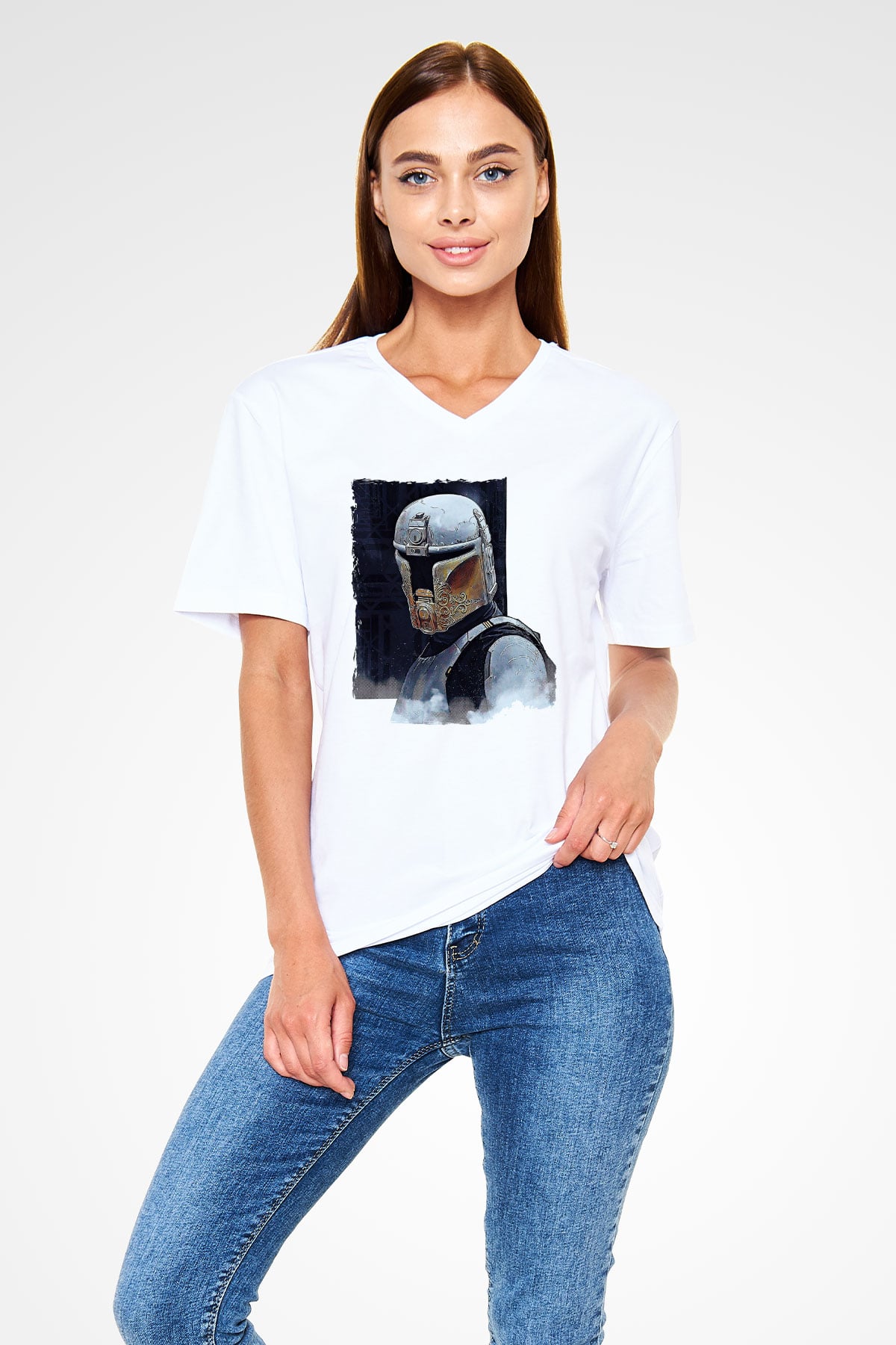 Mandolarian Baskılı Beyaz Unisex V Yaka Tişört - Tshirt