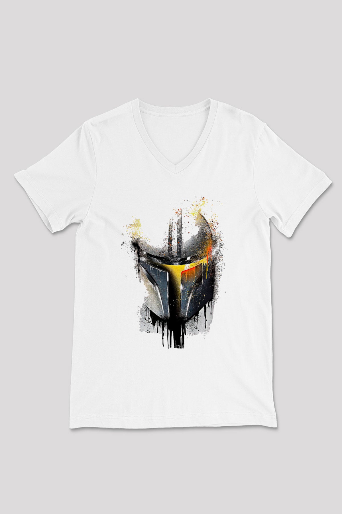 Mandolarian Baskılı Beyaz Unisex V Yaka Tişört - Tshirt