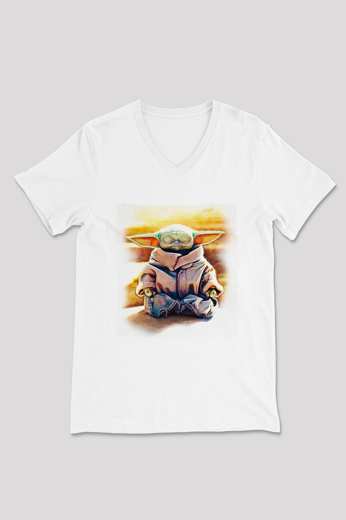 Mandolarian Baskılı Beyaz Unisex V Yaka Tişört - Tshirt