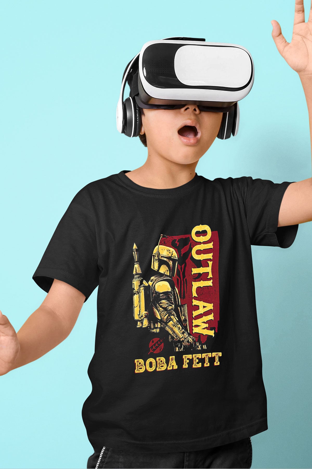 Mandolarian Baskılı Unisex Siyah Çocuk Tişört - Tshirt