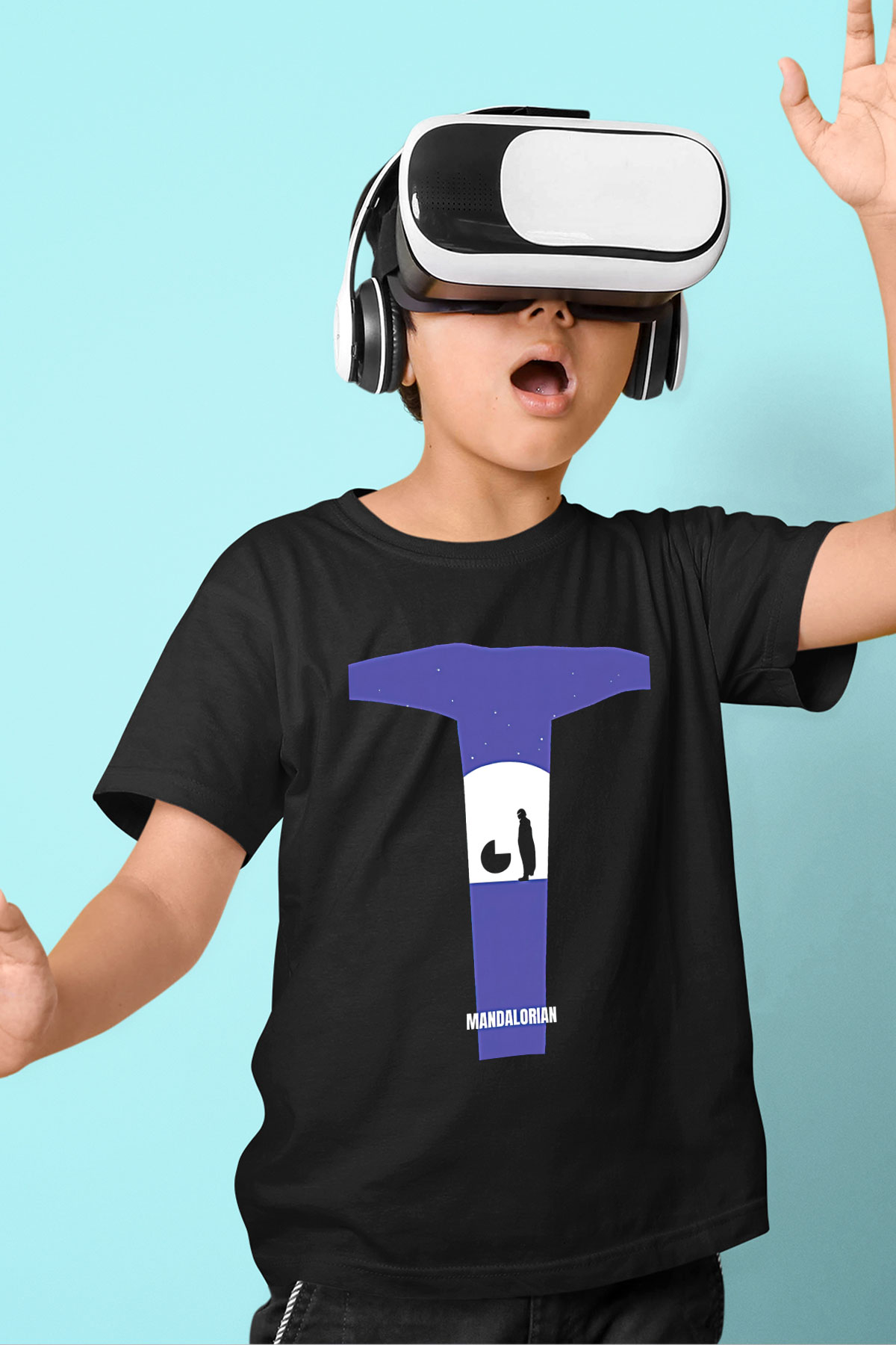 Mandolarian Baskılı Unisex Siyah Çocuk Tişört - Tshirt