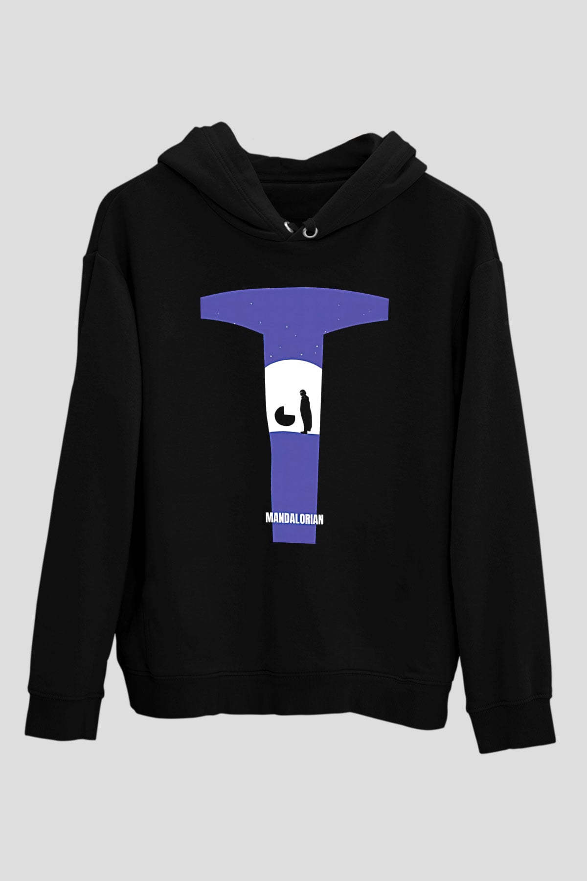 Mandolarian Baskılı Unisex Siyah Kapüşonlu Sweatshirt