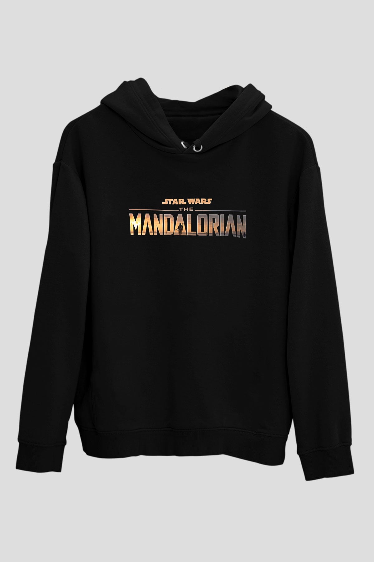 Mandolarian Baskılı Unisex Siyah Kapüşonlu Sweatshirt