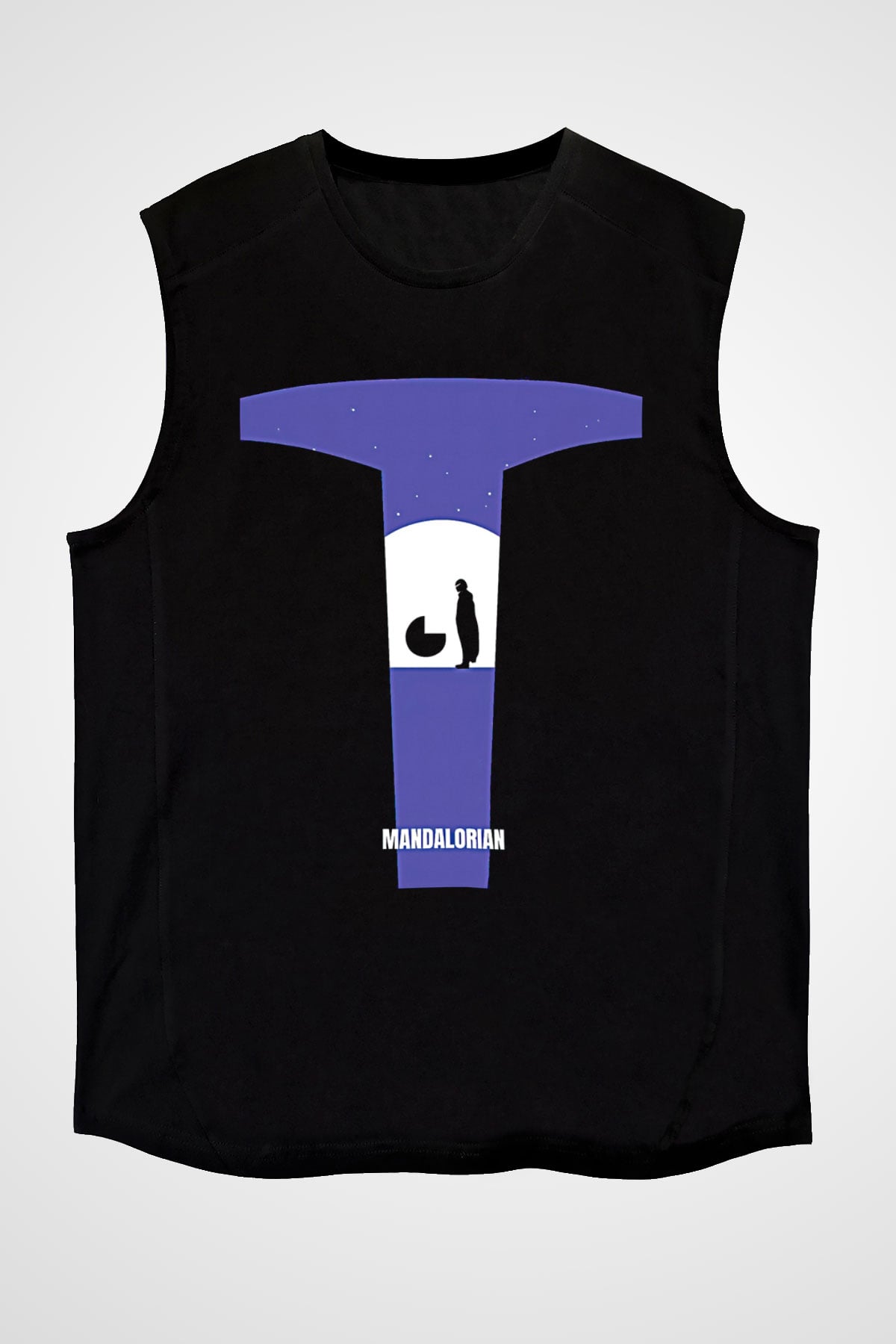 Mandolarian Baskılı Unisex Siyah Kolsuz Tişört - Tshirt