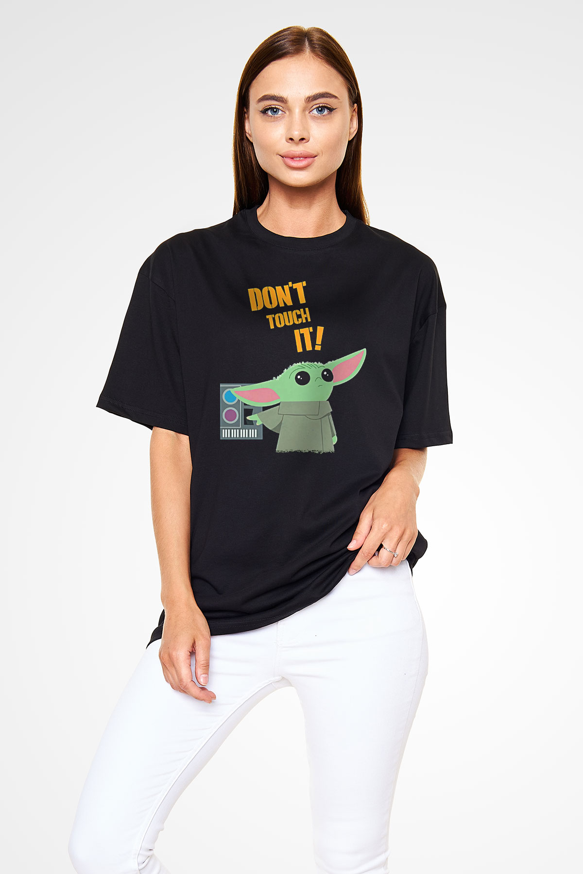 Mandolarian Baskılı Unisex Siyah Oversize Tişört - Tshirt
