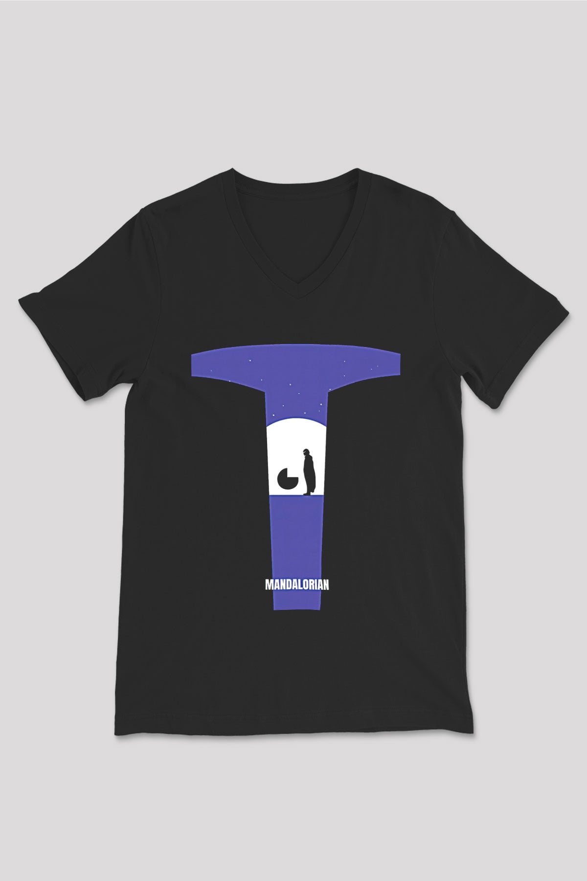 Mandolarian Baskılı Unisex Siyah V Yaka Tişört - Tshirt
