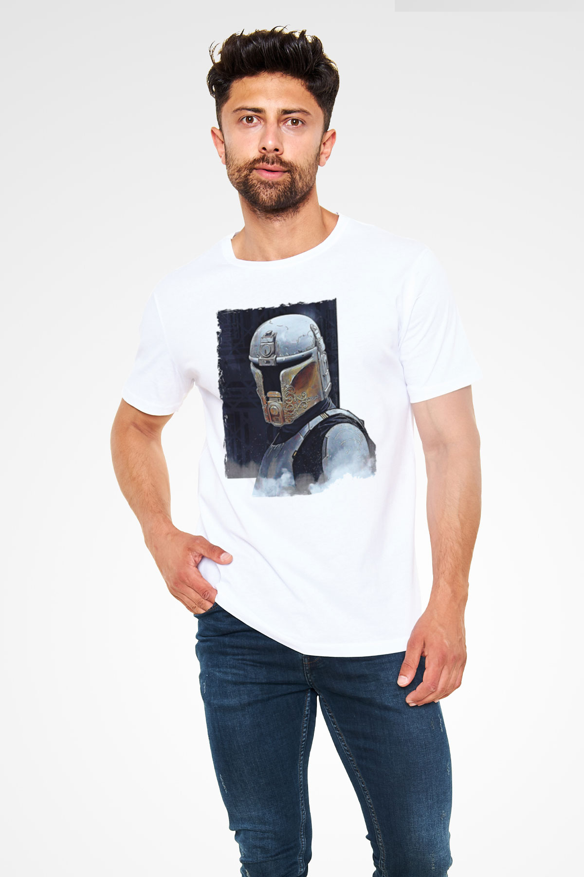 Mandolarian Unisex Baskılı Beyaz Tişört - Tshirt