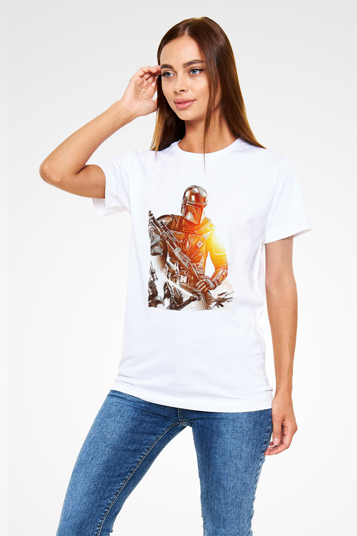 Mandolarian Unisex Baskılı Beyaz Tişört - Tshirt