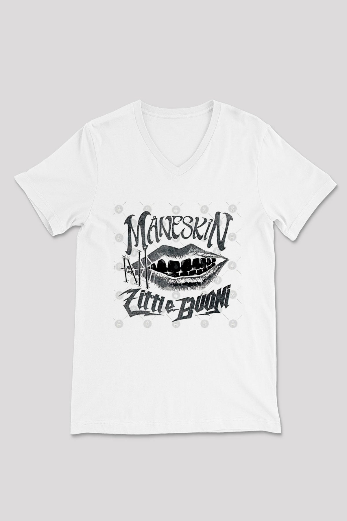 Maneskin Baskılı Beyaz Unisex V Yaka Tişört - Tshirt