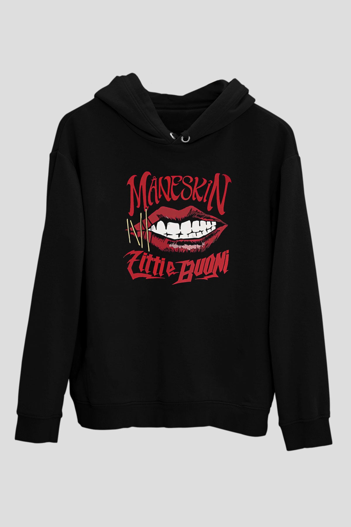 Maneskin Baskılı Unisex Siyah Kapüşonlu Sweatshirt