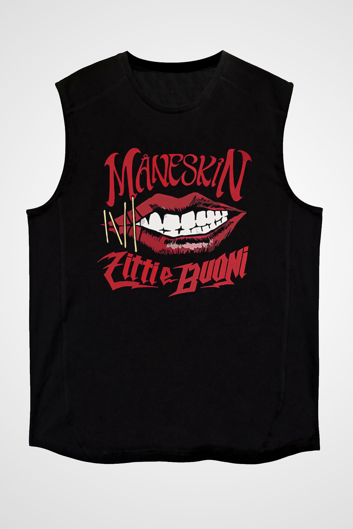 Maneskin Baskılı Unisex Siyah Kolsuz Tişört - Tshirt