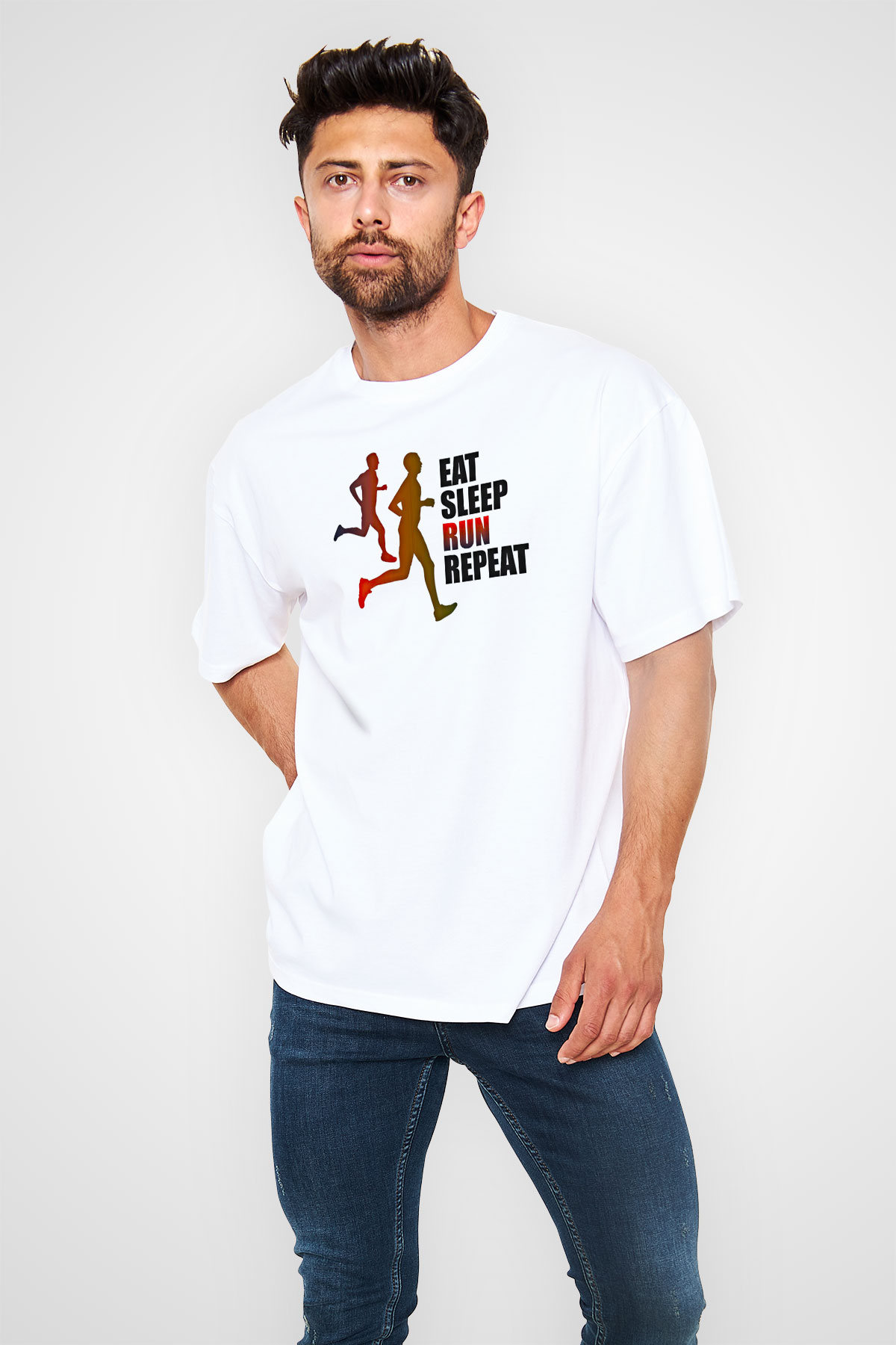 Maraton Baskılı Unisex Beyaz Oversize Tişört - Tshirt