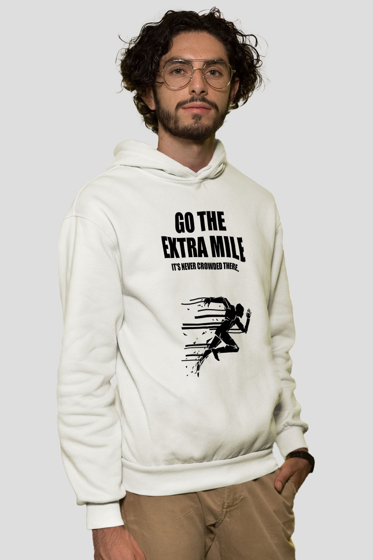 Maraton Baskılı Unisex Ekru Hoodie