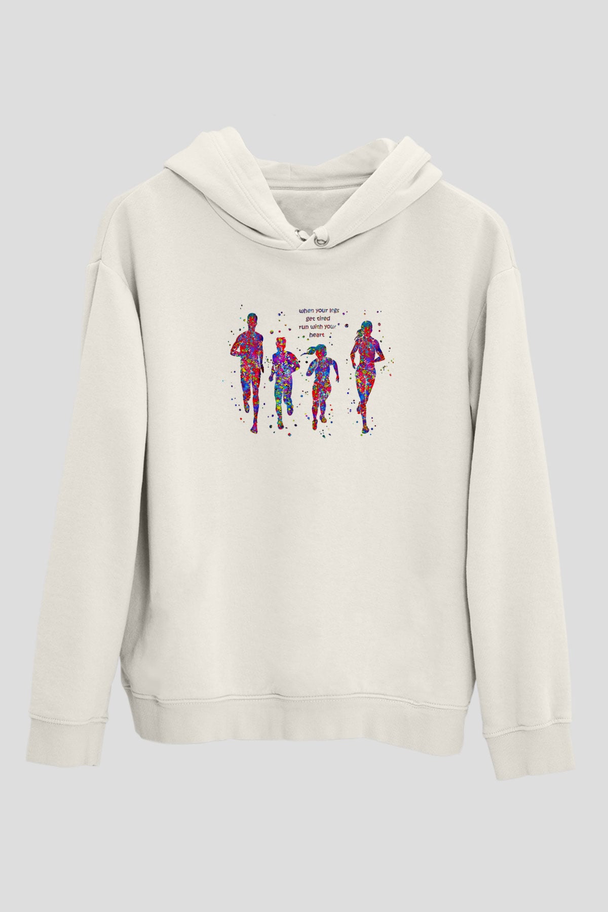 Maraton Baskılı Unisex Ekru Hoodie