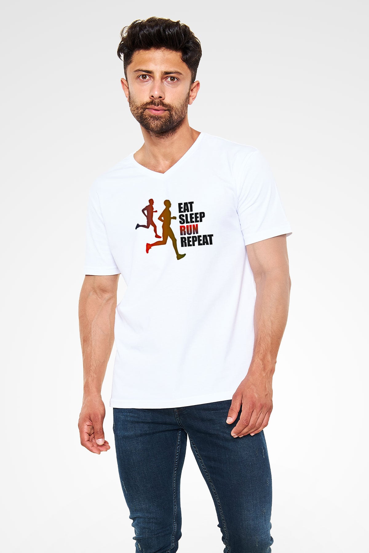 Maraton Baskılı Unisex V Yaka Tişört - Tshirt