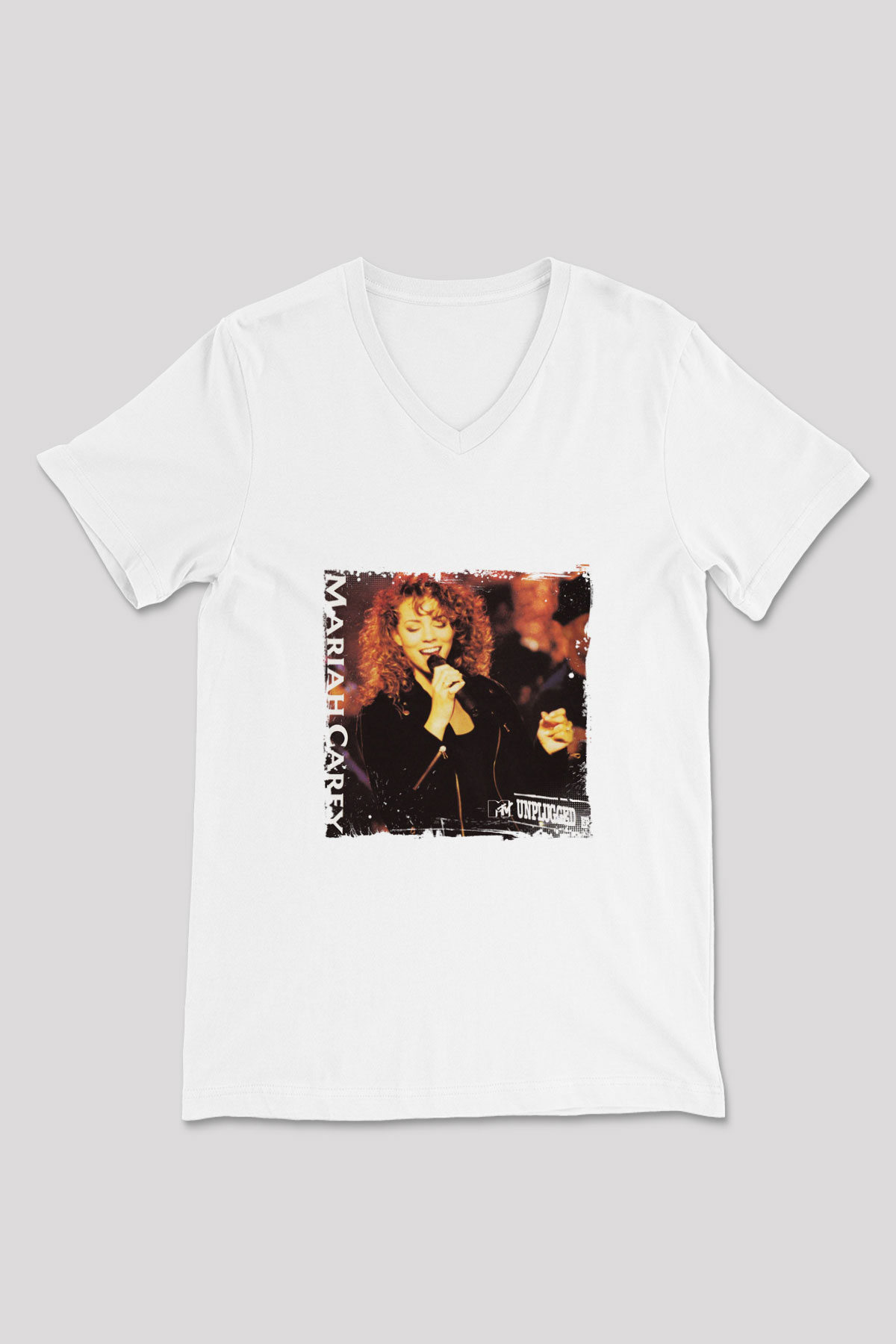 Mariah Carey Baskılı Beyaz V Yaka Unisex Tişört