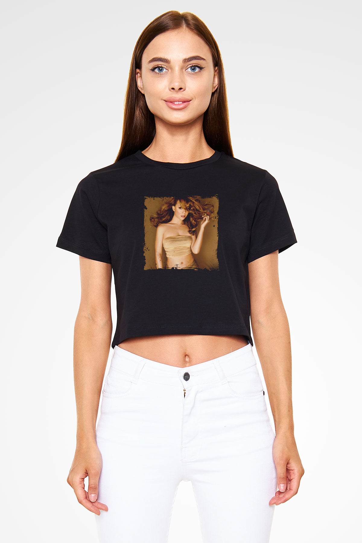 Mariah Carey Baskılı Crop Top Siyah Kadın Tişört