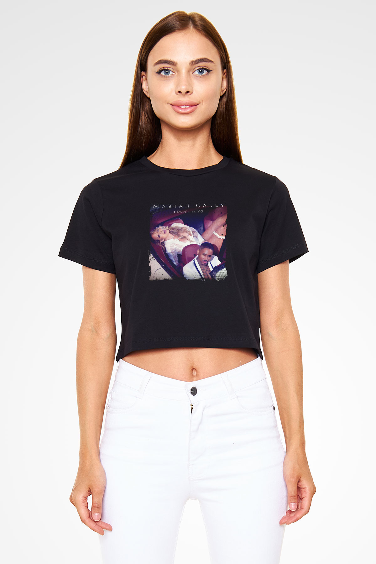 Mariah Carey Baskılı Crop Top Siyah Kadın Tişört