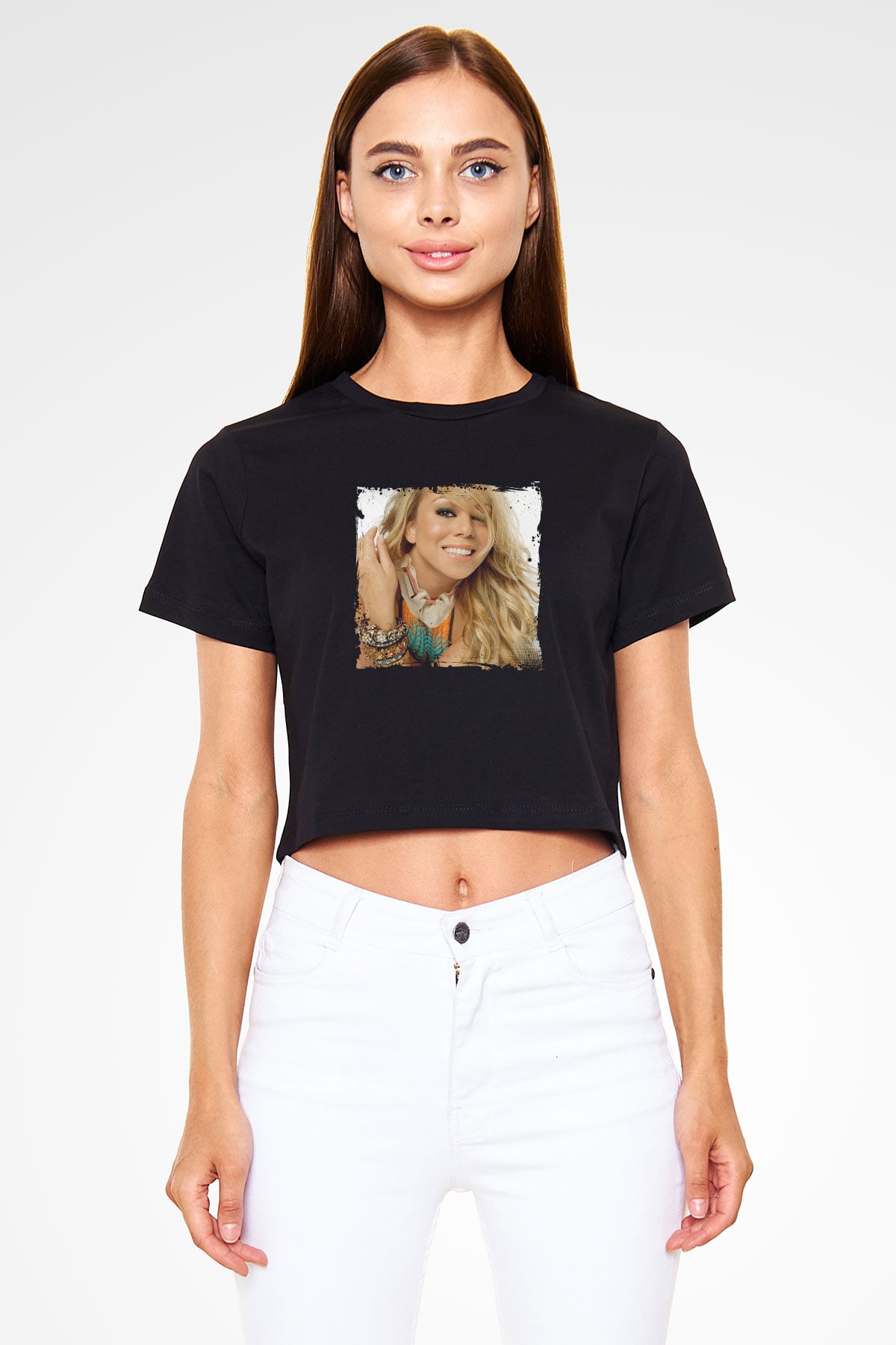 Mariah Carey Baskılı Crop Top Siyah Kadın Tişört