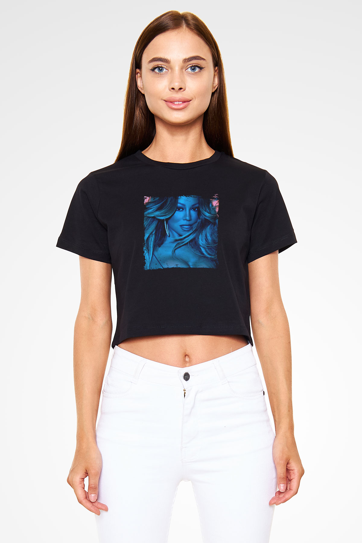 Mariah Carey Baskılı Crop Top Siyah Kadın Tişört